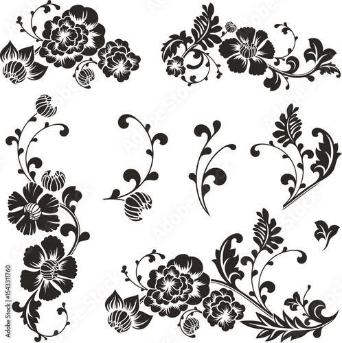 Floral vector ornamental set in traditional Chinese style. Exquisite uxury romantic floral designs and elements for page decorations, wedding decors, invitations, greeting cards, embroidery.