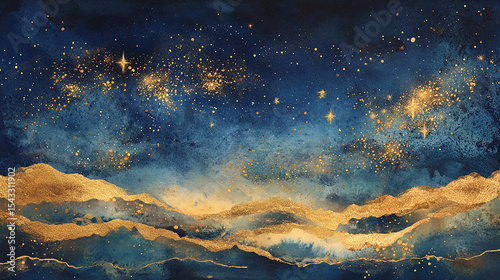 Celestial Landscape Golden Mountains Under a Starry Sky