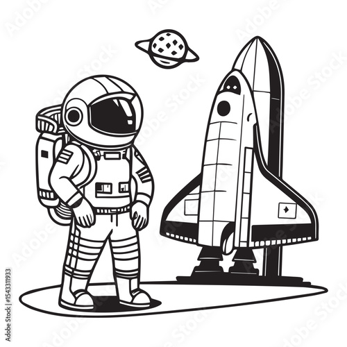 astronaut noir with spaceship, 2d Sticker, colorful, t-shirt clean design, illustration ai generated