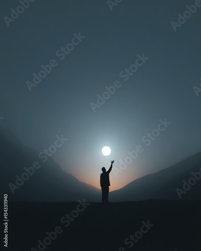 Silhouette enlightenment theme Silhouetted figure reaching for the moon.