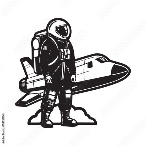 astronaut noir with spaceship, 2d Sticker, colorful, t-shirt clean design, illustration ai generated