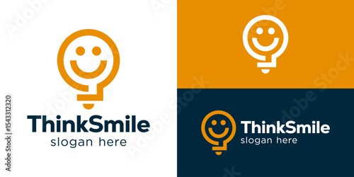 Creative simple think smile logo template. Lightbulb with smile face symbol for Idea smile logo design vector illustration.