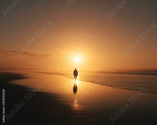 Silhouette enlightenment theme A person walking along a serene beach at sunset.