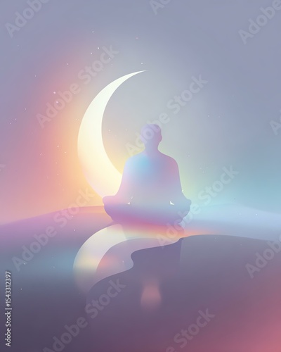 Silhouette enlightenment theme A serene figure meditating under a crescent moon.