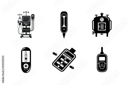 Medical equipment icons silhouette set