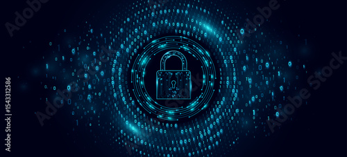 Futuristic cybersecurity concept featuring a glowing cyber padlock surrounded by binary code and digital circuit elements. Big data visualization on a dark technology background. Vector illustration.
