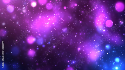 Bright purple bokeh glitter particles with light blue glow. Christmas or holiday abstract sparkly background illumination effect.