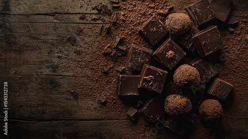 Dark Chocolate Delights Gourmet Chocolates and Cocoa Powder on Rustic Wood