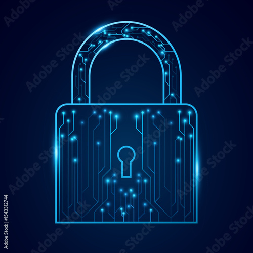 Futuristic padlock with glowing circuit board pattern and electronic elements on dark background. Cybersecurity element for data protection, network security and secure technology. Vector.