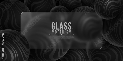 Glass morphism concept featuring semi transparent frosted glass panel surrounded by glossy 3D spheres textured with striped wavy pattern. Futuristic modern UI design. Vector illustration.