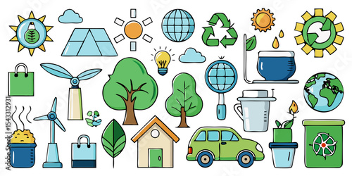 Ecology, sustainability, recycling, green energy icons [eco-friendly] [on black background]