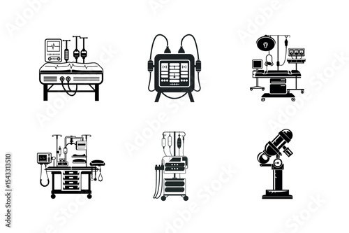 Medical equipment icons silhouette