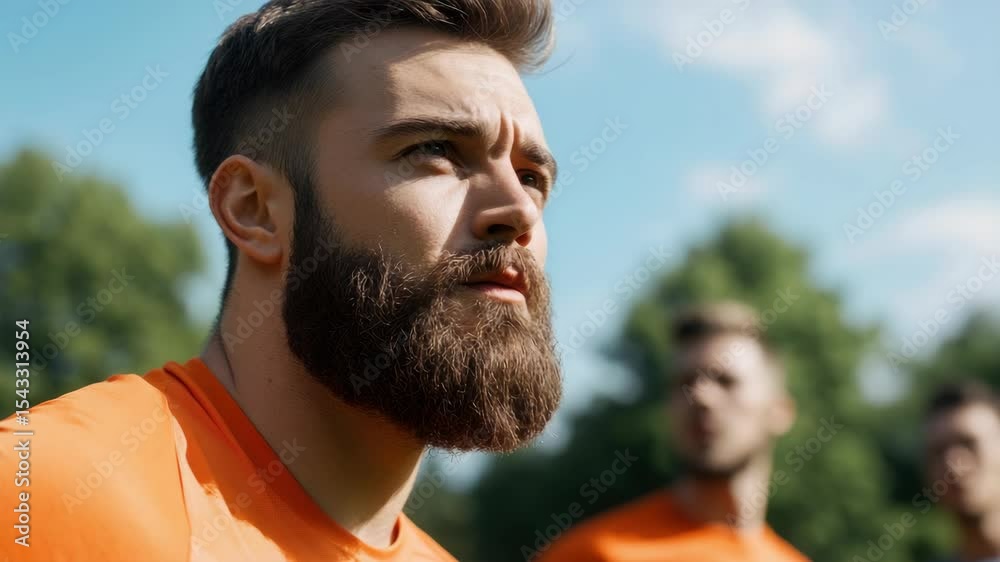 Athletic bearded rugby player looking intense on a field. Team spirit ...
