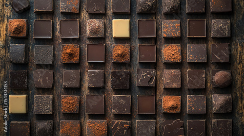 Chocolate Assortment A Grid of Dark Milk and Cocoa Powder