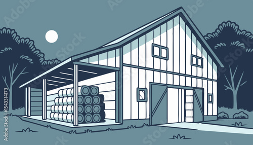 A sleek, modern cow barn showcasing geometrically stacked hay bales illuminated by LED lighting at night. Architectural details emphasized.