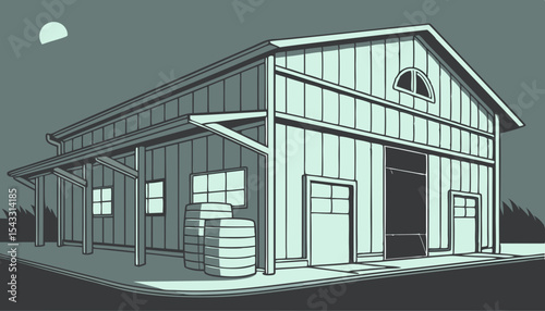 A sleek, modern cow barn showcasing geometrically stacked hay bales illuminated by LED lighting at night. Architectural details emphasized.