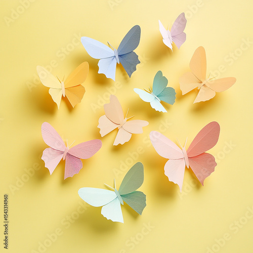Pastel Paper Butterflies on Yellow Background
