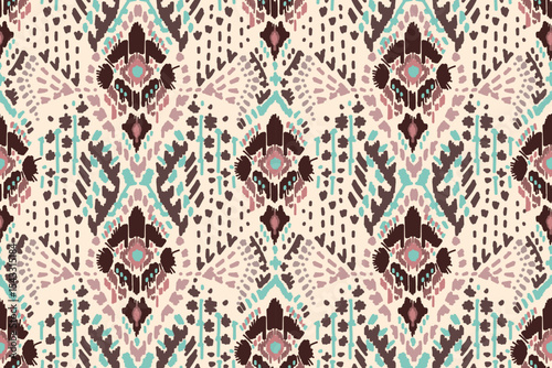 Seamless traditional ikat pattern with earthy tones in geometric and tribal-inspired design. Ideal for textiles, wallpapers, and ethnic-themed projects.