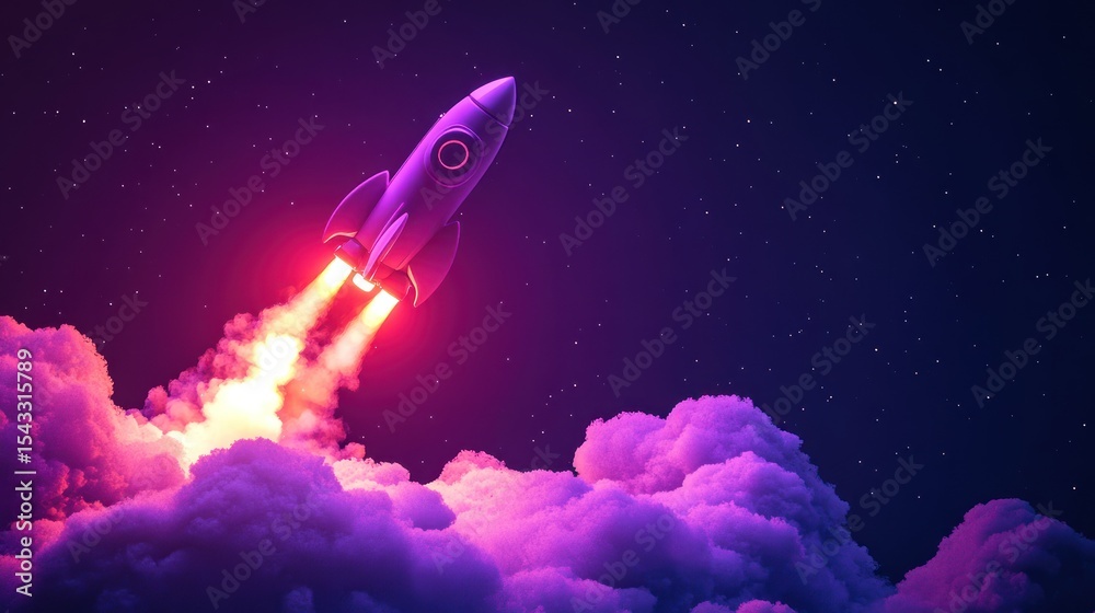 Obraz premium Rocket launch into vibrant night sky