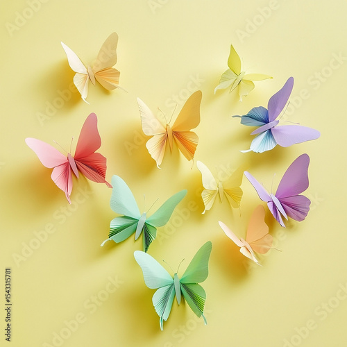Pastel Paper Butterflies on Yellow Background