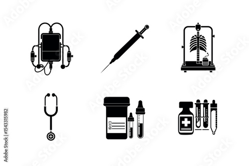 Medical equipment icons silhouette set