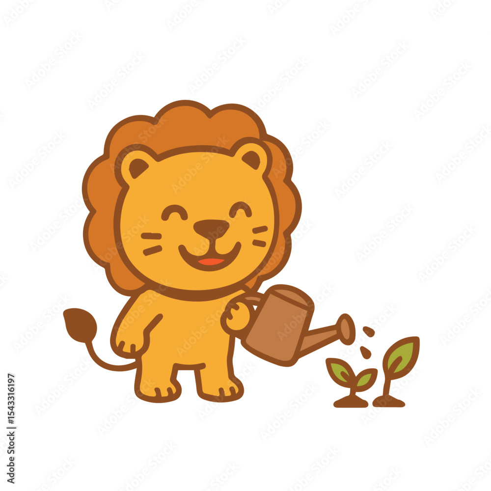 Fototapeta premium A cute cartoon lion watering plants