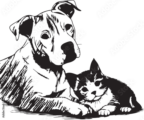 Friendly pit bull dog and kitten pencil sketch