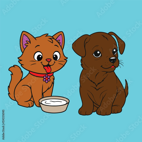 Cute cartoon cat and dog with bowl of food
