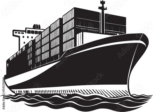 Large container ship on the ocean black and white illustration