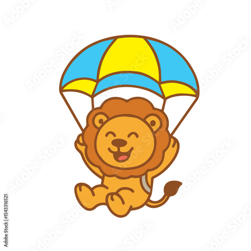 A Cheerful Lion Skydiving with a Parachute