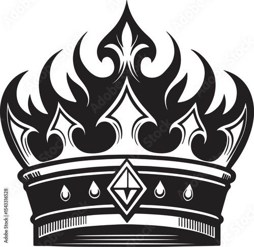 Black and white king crown with flame design