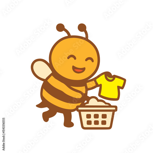 A friendly cartoon bee doing laundry.