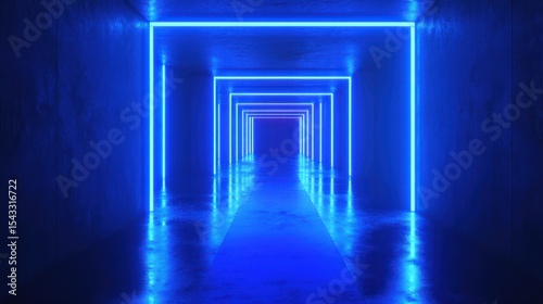 Neon blue light tunnel, concrete