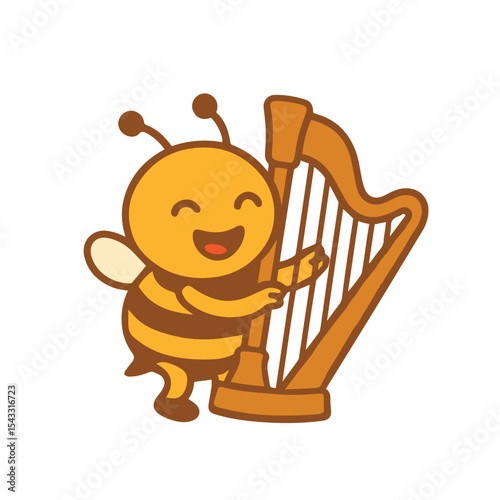 A cheerful bee playing a harp with a big smile
