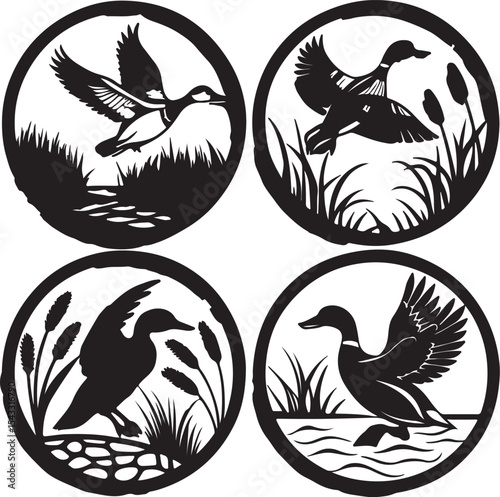 Set of four black metal duck wall decor
