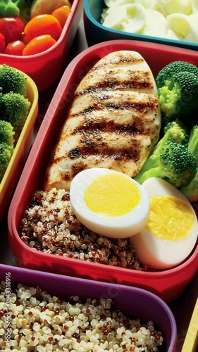 Grilled chicken meal with boiled egg, broccoli, and quinoa in a red bowl, representing fitness and clean eating