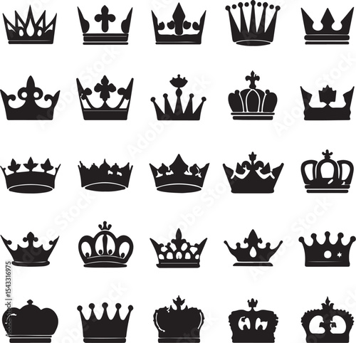 Collection of twenty five black crown icons