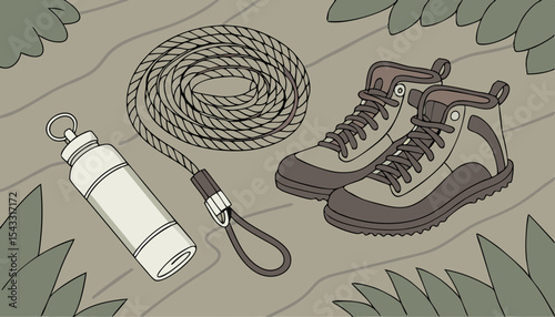 Flatlay showcasing essential hiking gear sturdy boots, coiled rope, and a hydration water bottle, ready for adventure.  