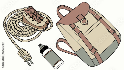 Flatlay showcasing essential hiking gear sturdy boots, coiled rope, and a hydration water bottle, ready for adventure.  
