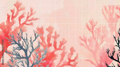 Delicate coral reef illustration in shades of pink and blue-gray.