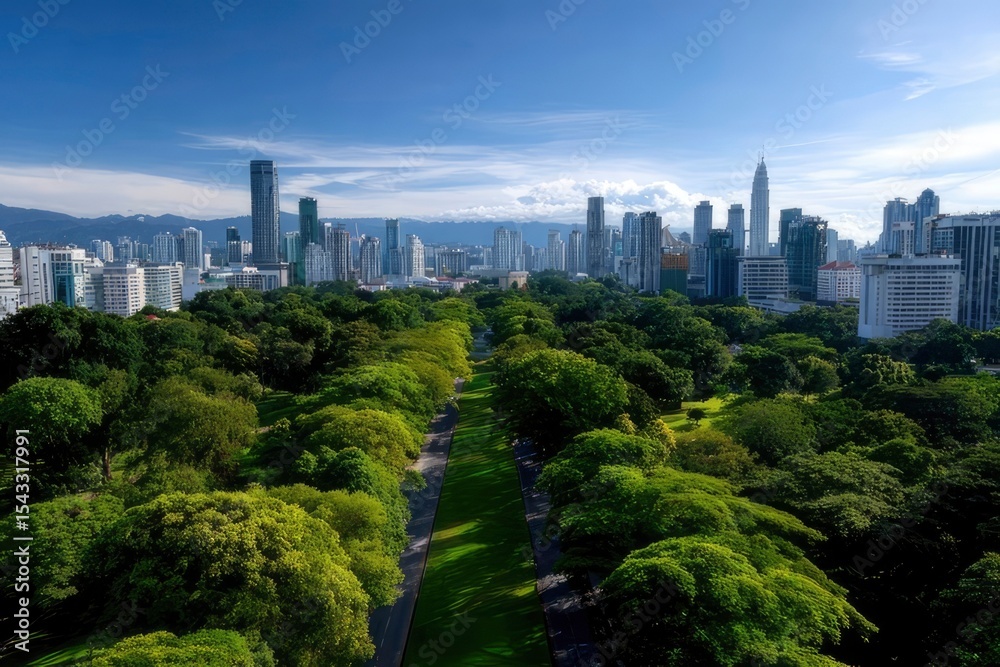 Obraz premium Aerial view of a city skyline framed by lush green trees lining a central grassy path