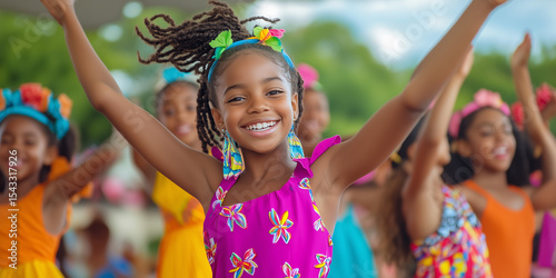 Joyful Black Girls Dancing in Colorful Dresses Outdoors