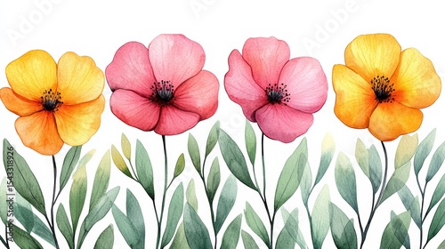 Watercolor floral painting featuring vibrant pink and yellow poppies with delicate leaf arrangements on clean white