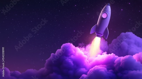 Cartoon rocket launching into a vibrant purple night sky filled with clouds and stars