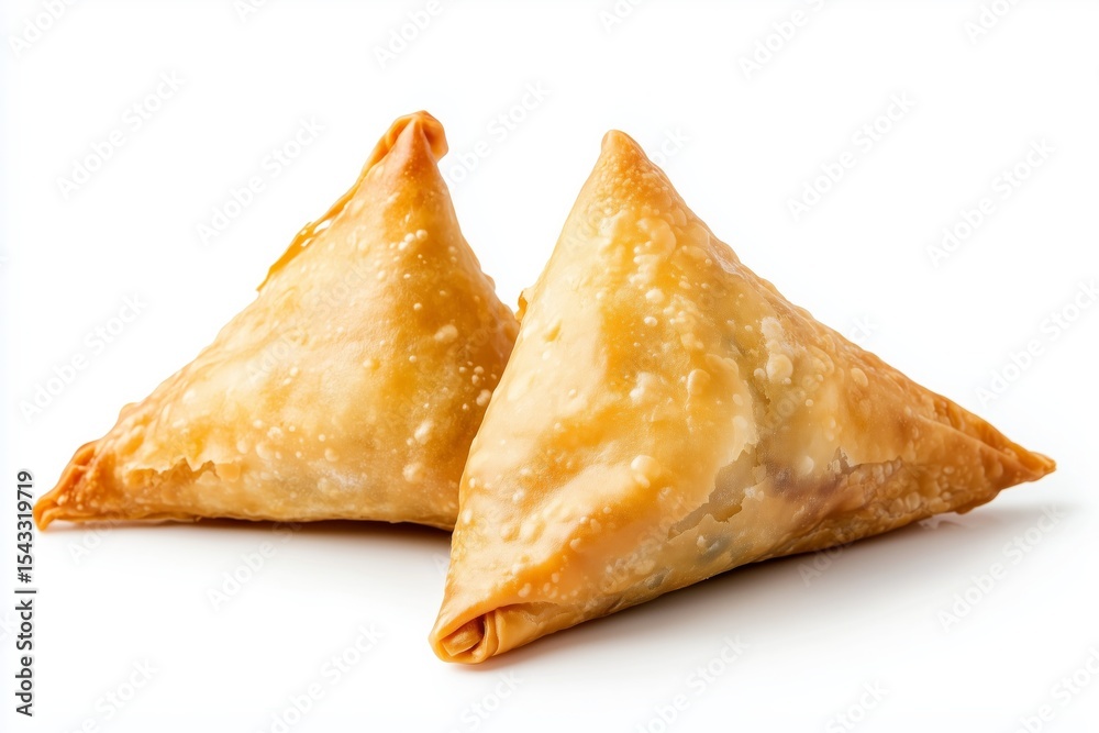 Crisp golden triangular lamb-filled pastry isolated on a white background showcases delightful culinary craftsmanship perfect for any occasion Crisp golden triangular lamb-filled pastry isolated on a white background showcases delightful culinary craftsmanship perfect for any occasion