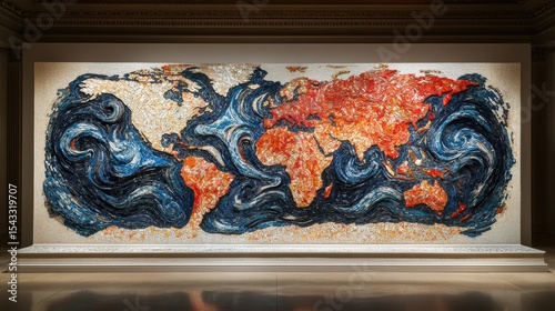 Mosaic World Map in Red and Blue Tones Art Installation Earth Continents Oceans Interior View