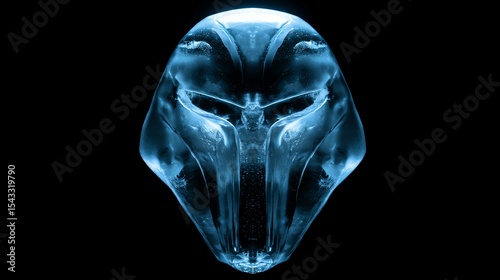 Ice sculpture in dark background Futuristic blue skull design with glowing effects.