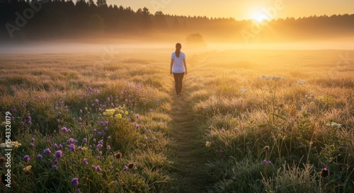 Woman Walking in a Misty Field at Sunrise