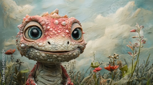 Adorable lizard with bright eyes amidst painted nature background for children's story and education style stock