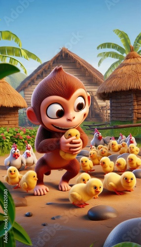 3D Cartoon Monkey Sneakily Picking Up Baby Chicks in Rural Village